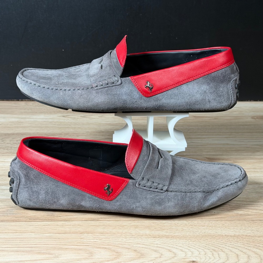 Tods Ferrari Gommino Driving Shoes Mens Size 11.5 Grey Red Suede Loafers Italy